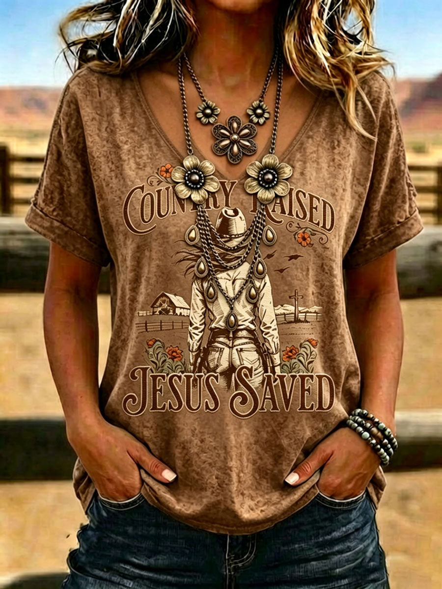 Women'S Western-Style Retro Faith Print V-Neck T-Shirt