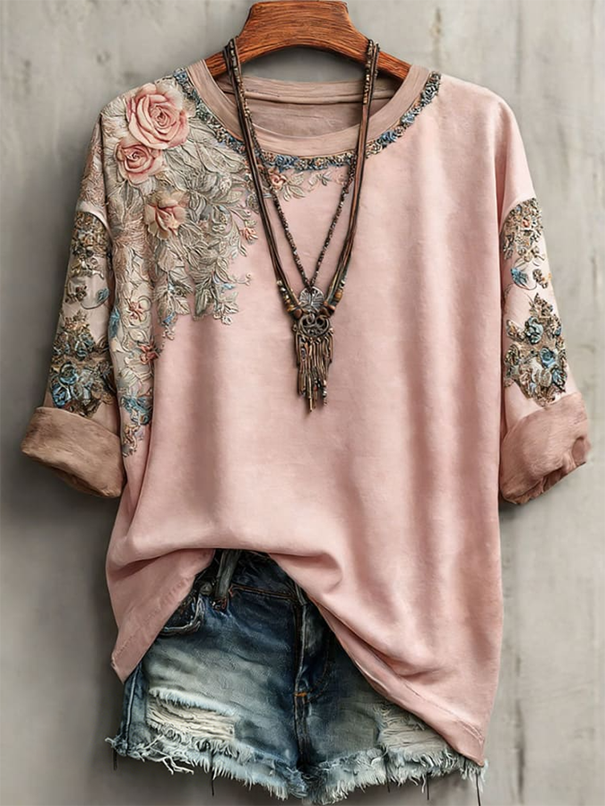 Damen Vintage Bedrucktes Freizeit-T-Shirt mit kurzen Ärmeln