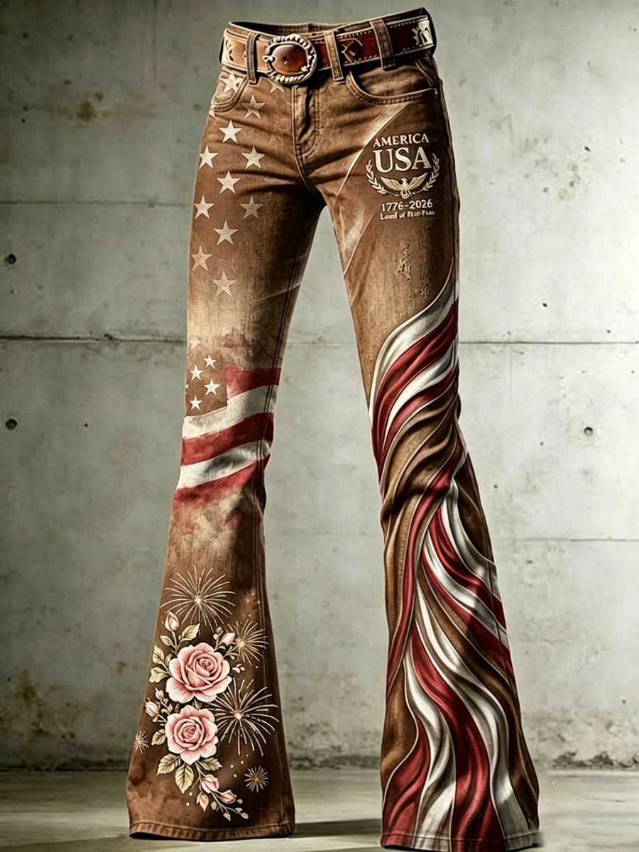 Jean taille haute pour femme avec motifs croix, drapeau, papillon et fleurs