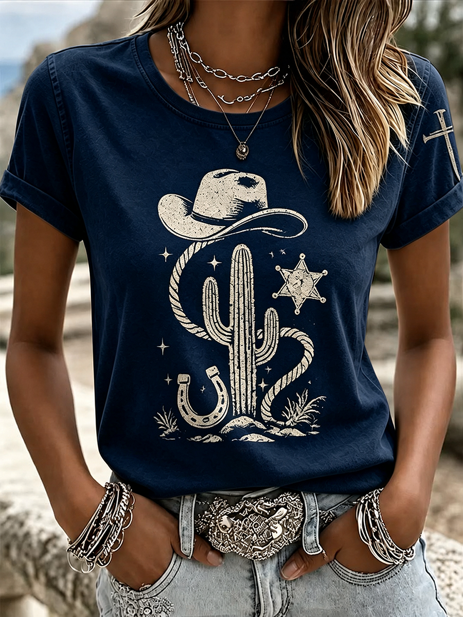 Women's Retro Cowboy Hat Cactus Star Lasso Cross Sleeve Print Tee