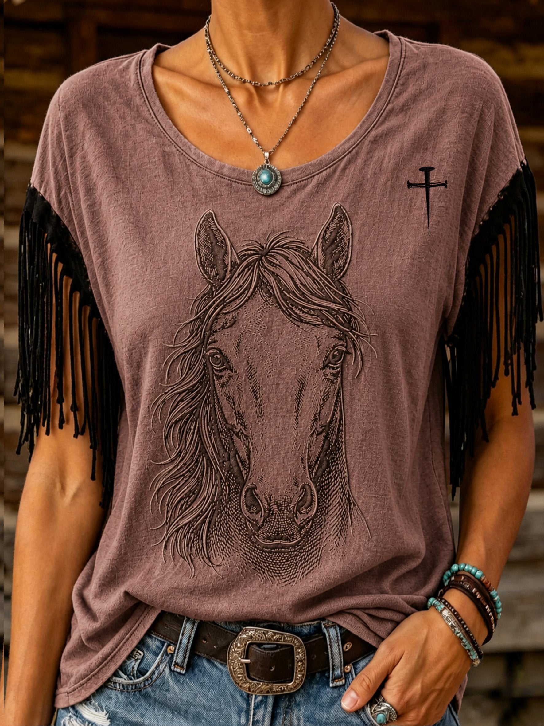 Women's Retro Horse Print Tassel Round Neck Top