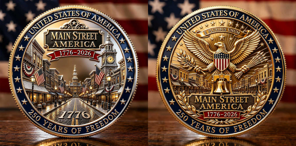 Main Street America 1776–2026 250. Jubiläum Gedenkmünze | Doppelseitige patriotische Adler & Freiheitsglocke Sammlermünze
