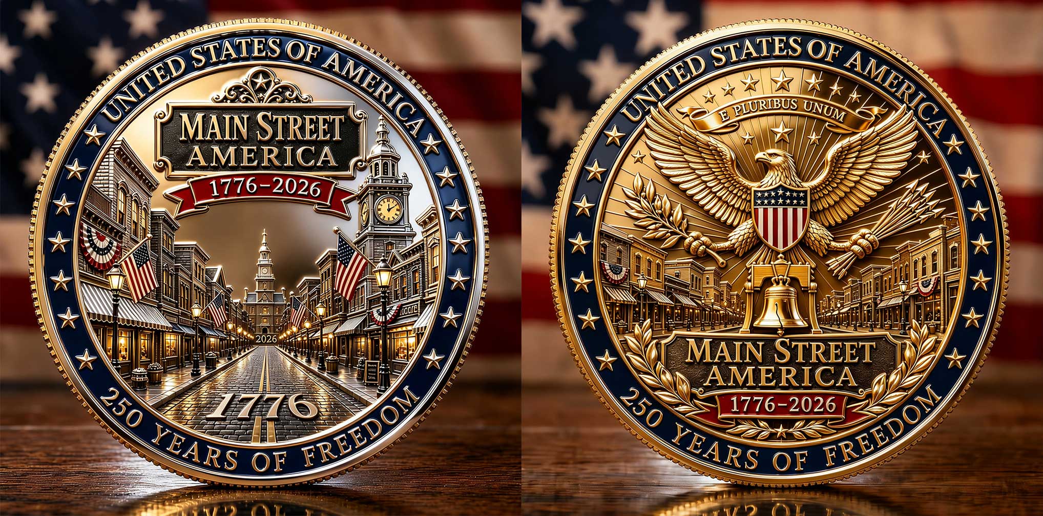 Main Street America 1776–2026 250. Jubiläum Gedenkmünze | Doppelseitige patriotische Adler & Freiheitsglocke Sammlermünze