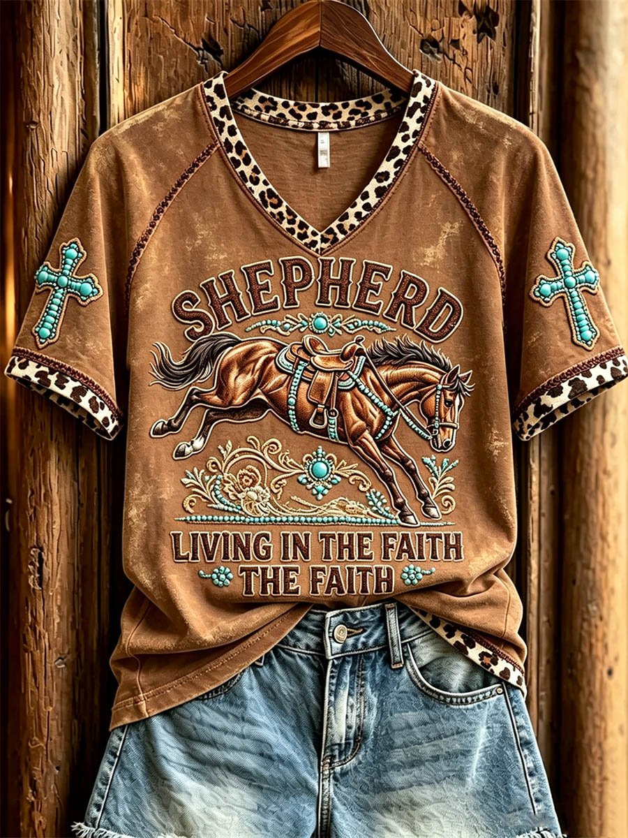 Damen Western Pferd Türkis Leopardenmuster V-Ausschnitt T-Shirt