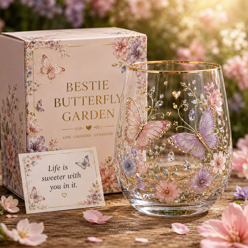 Purple & Pink Butterfly Floral Glass Gift Set