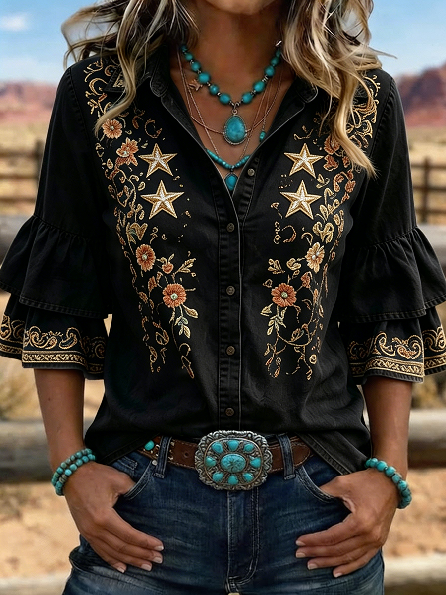Chemise à manches volantées brodées florales Western Star pour femme