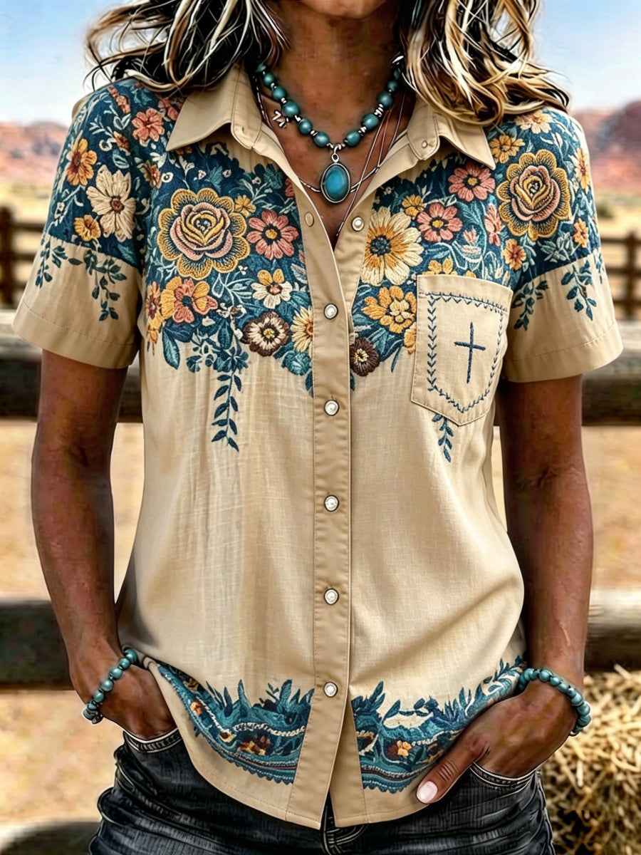 Women's Western-style Vintage Floral Print Shirt