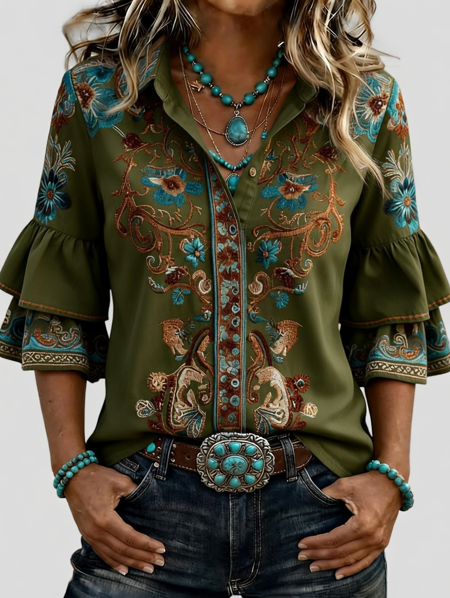 Women's Western Floral Embroidered Denim Bell Sleeve Shirt