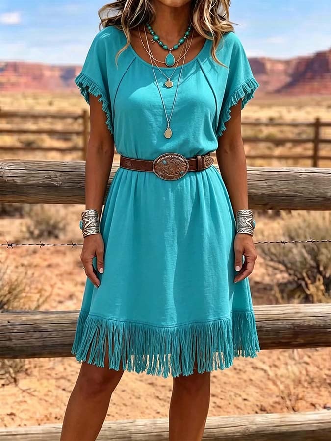 Damenkleid mit Quasten und Patchwork im Casual-Stil