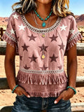 Damen 250. Jubiläum Amerikanisches Vintage Western-Stil Freizeitshirt mit Fransen-Details