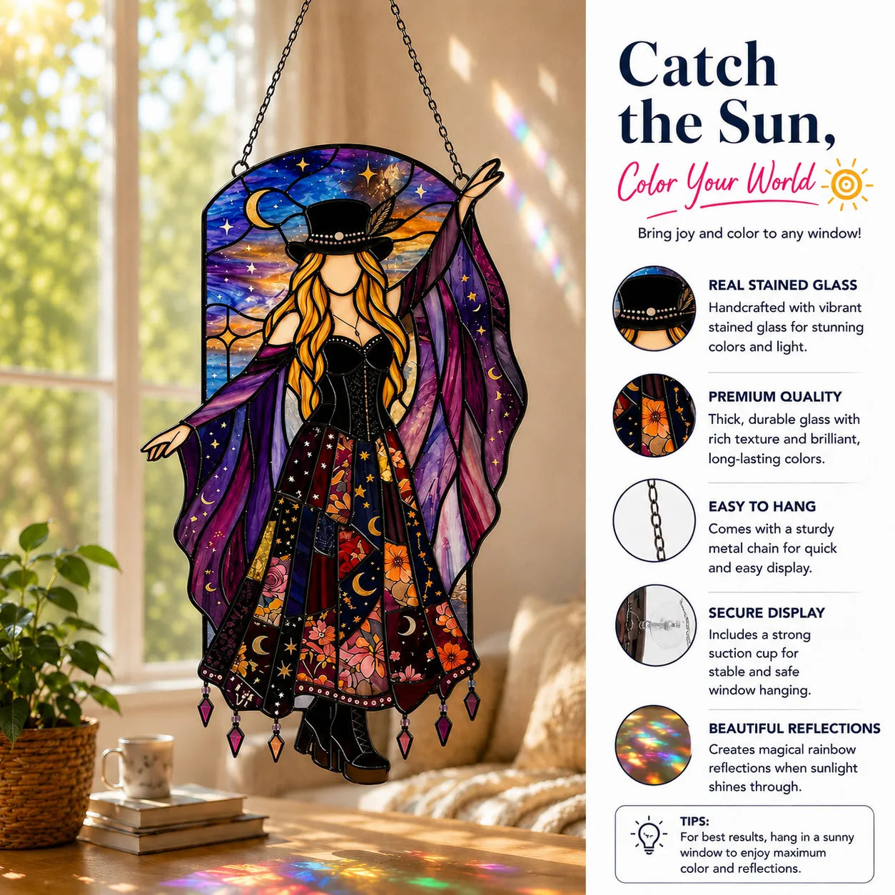 💥💃 Stevie Nicks 🤘 Handgemachter Buntglas-Sonnencatcher zum Drehen