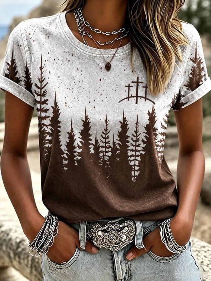 Damen Western Pferde Kunst Glaube Farbverlauf Bedrucktes Rundhals-T-Shirt