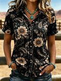 Damen Boho Paisley Blumenmuster Western Kurzarm Hemd mit Knöpfen