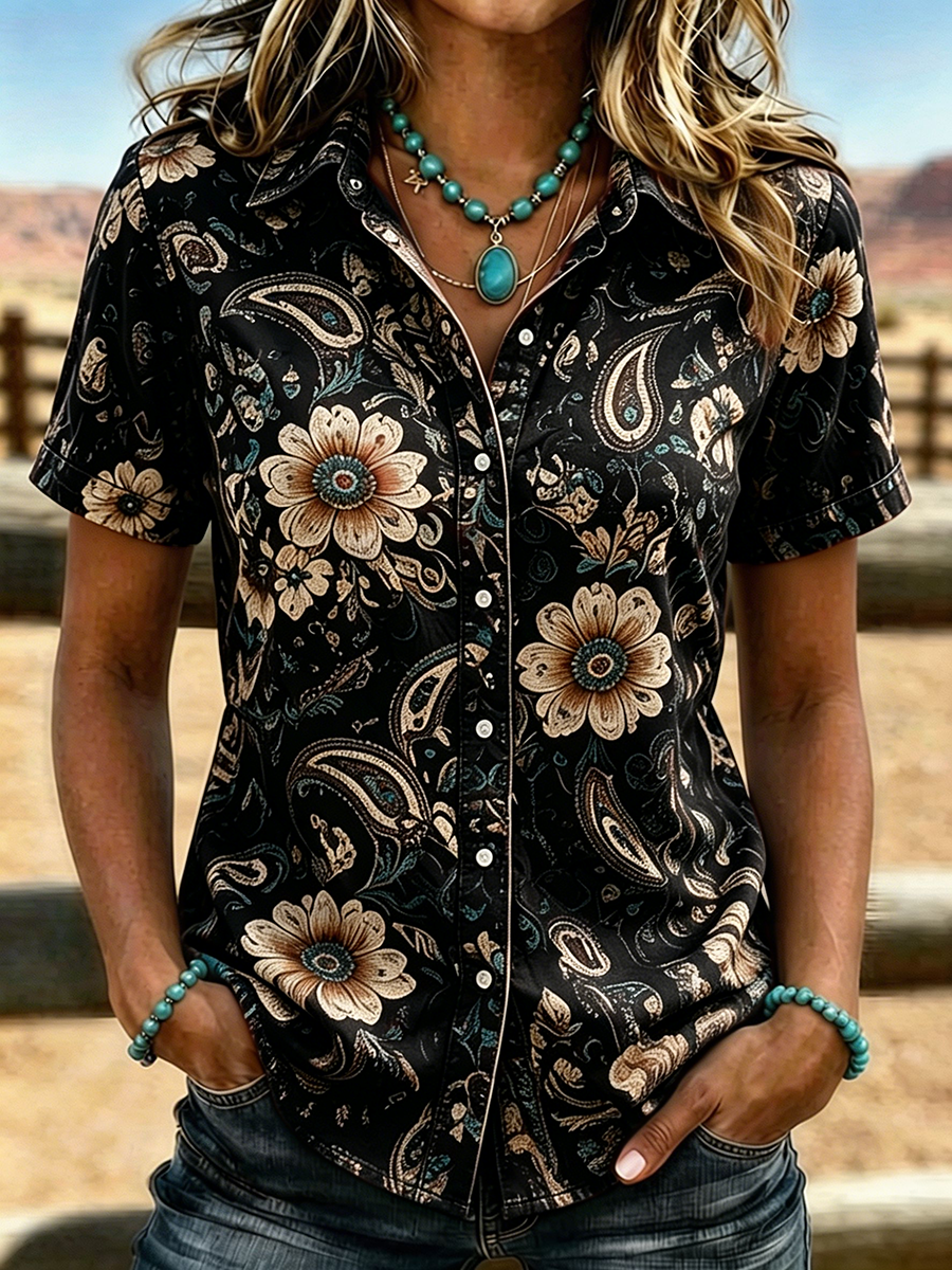 Damen Boho Paisley Blumenmuster Western Kurzarm Hemd mit Knöpfen