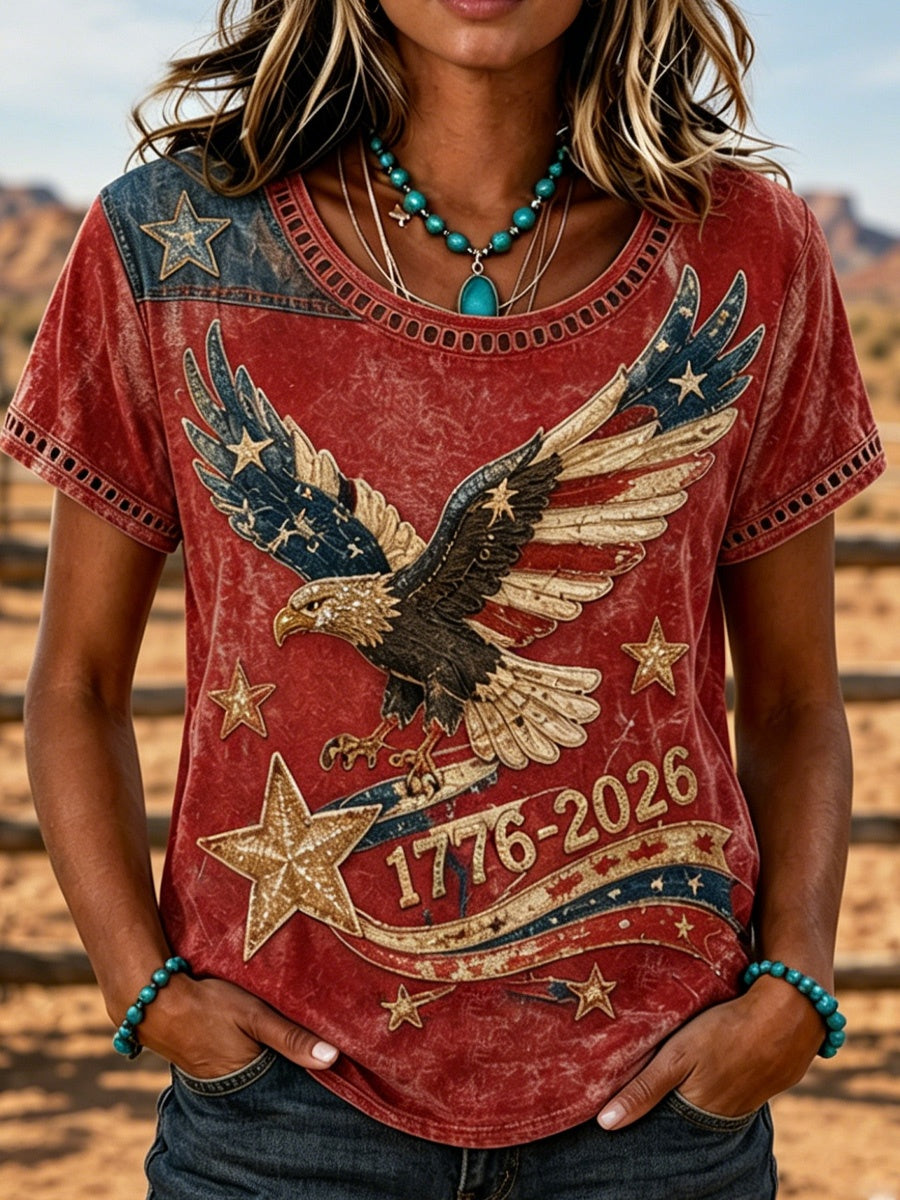 T-shirt ample décontracté pour femme avec imprimé aigle de style occidental