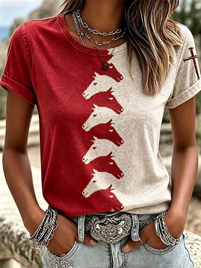 Damen T-Shirt mit Western-Tiermotiv und Rundhalsausschnitt