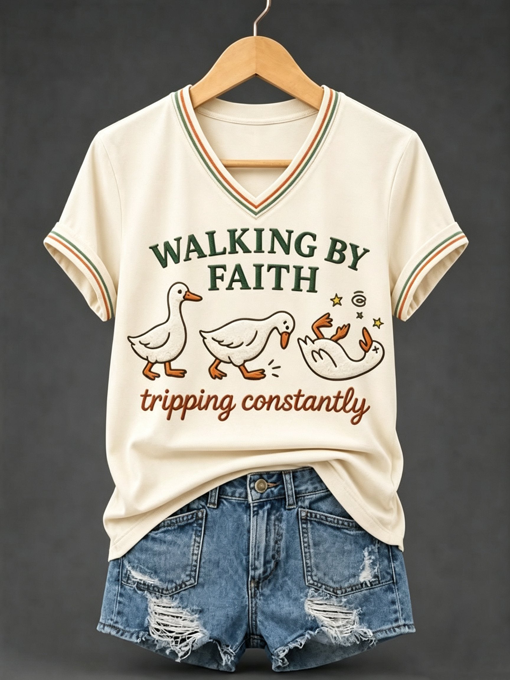 Classic Walking By Faith Tripping Constantly Goose Print Christian Inspirational Short-Sleeved Shirt