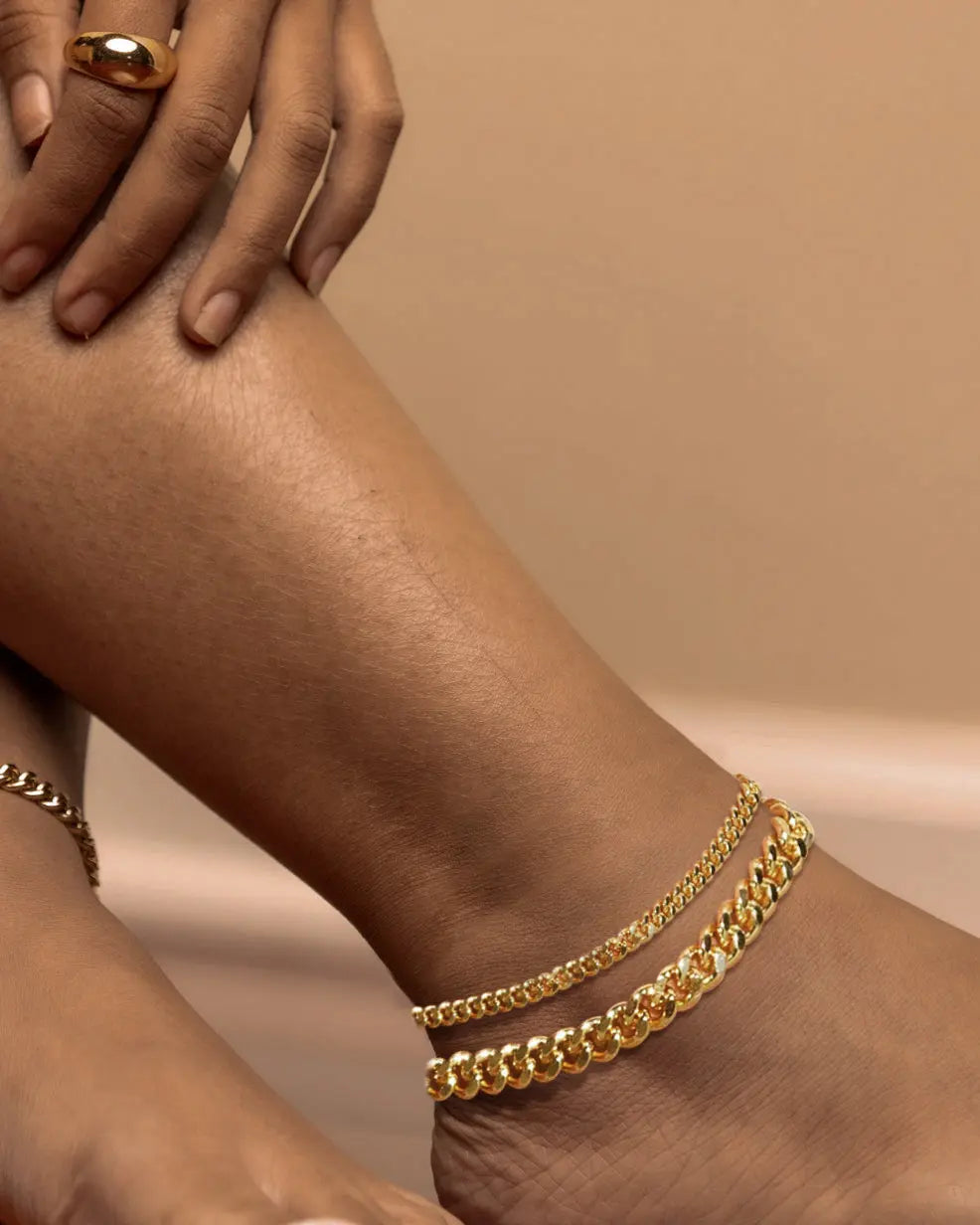 Waterproof Gold Plated Cuban Link Anklet Set for Women