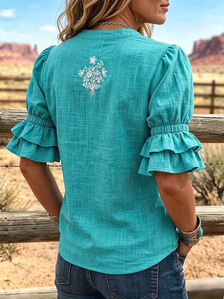 Damen Vintage Kunstdruck Puffärmel Freizeitshirt  