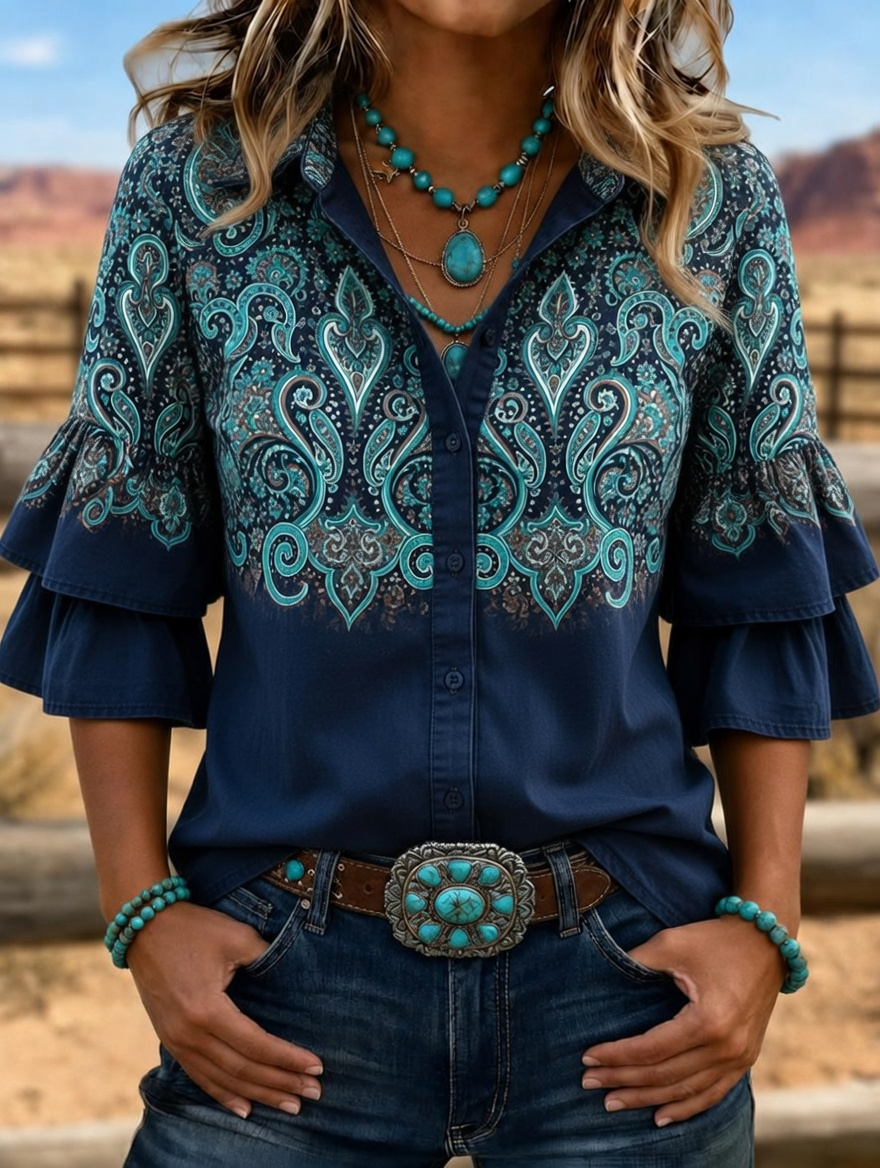 Women's Western Paisley Gradient Double Ruffle Bell Sleeve Button Down Shirt