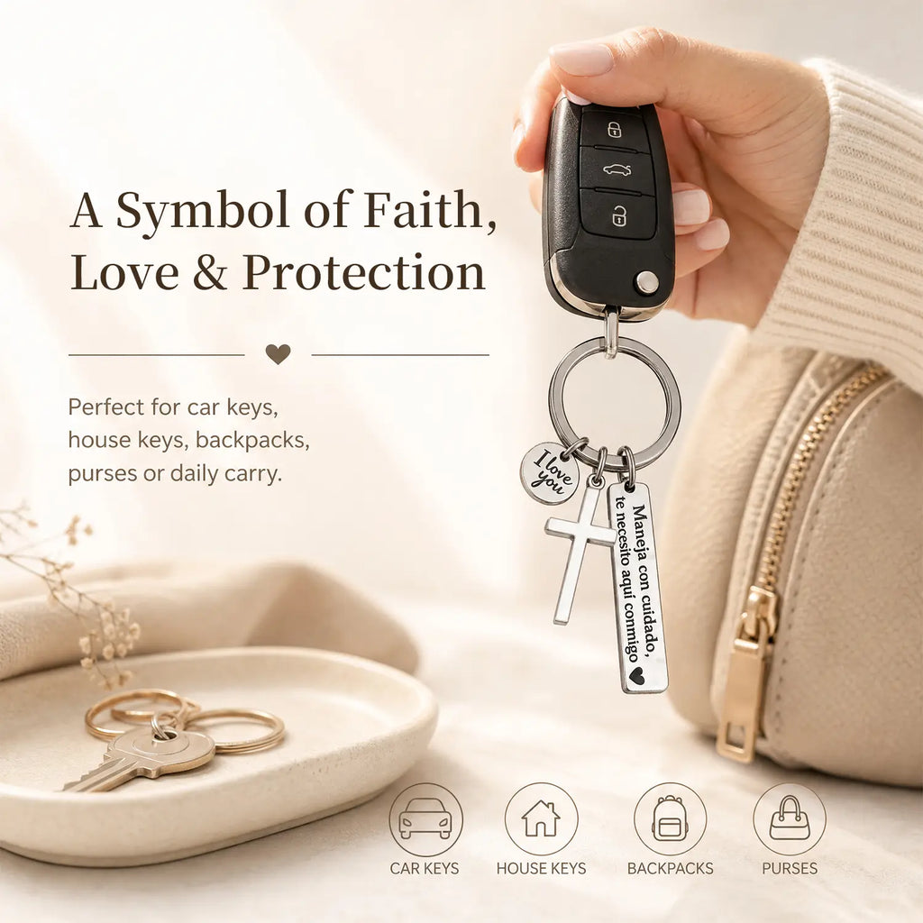 Maneja Con Cuidado Drive Safe Keychain with Cross & I Love You Charm