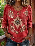 Damen Boho Aztec Floral Print gewebtes Patchwork 3/4-Ärmel Top