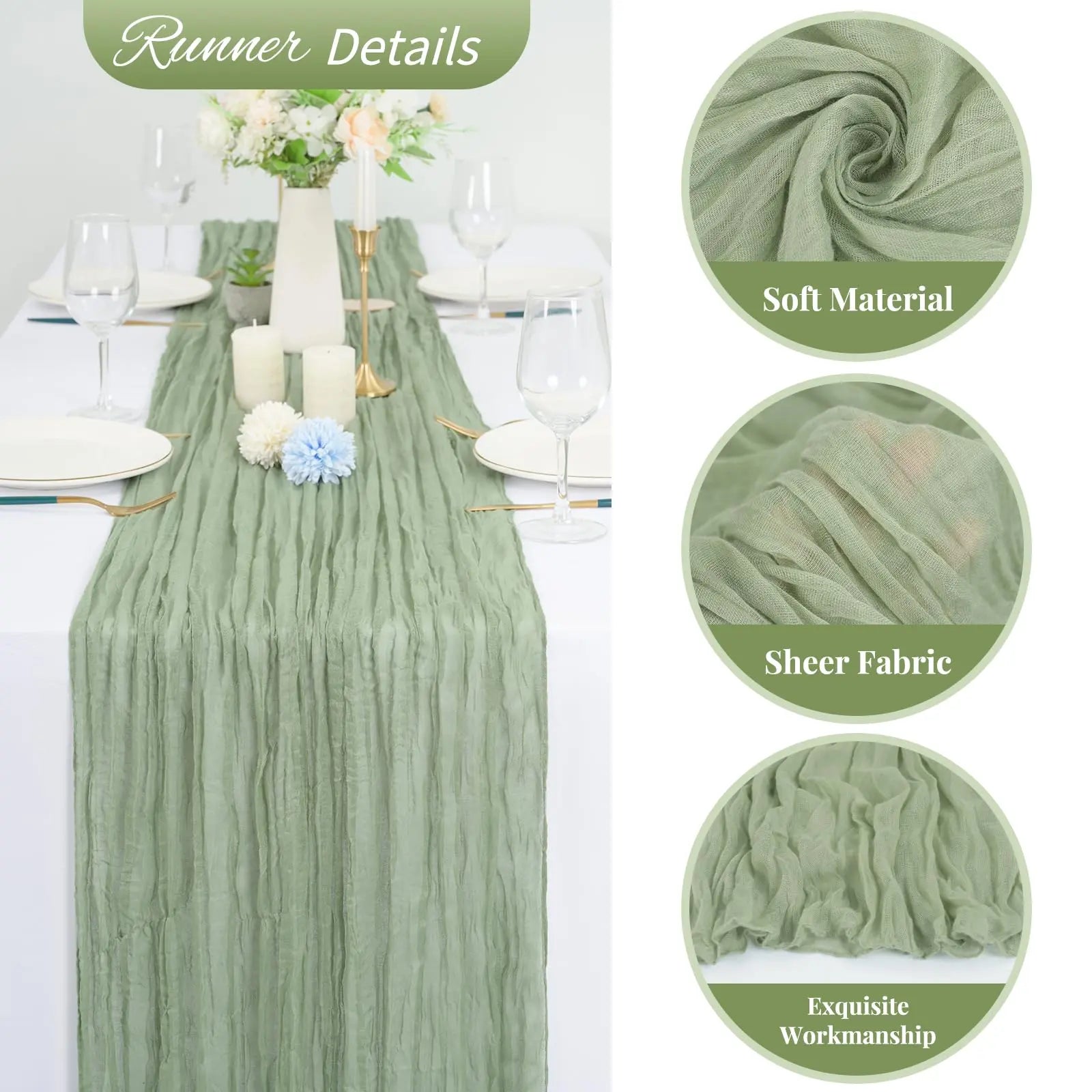 10 ft Sage Green Cheesecloth Table Runner for Weddings