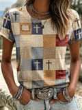 Damen T-Shirt mit Rundhalsausschnitt im Western-Stil und geometrischem Kreuzmuster