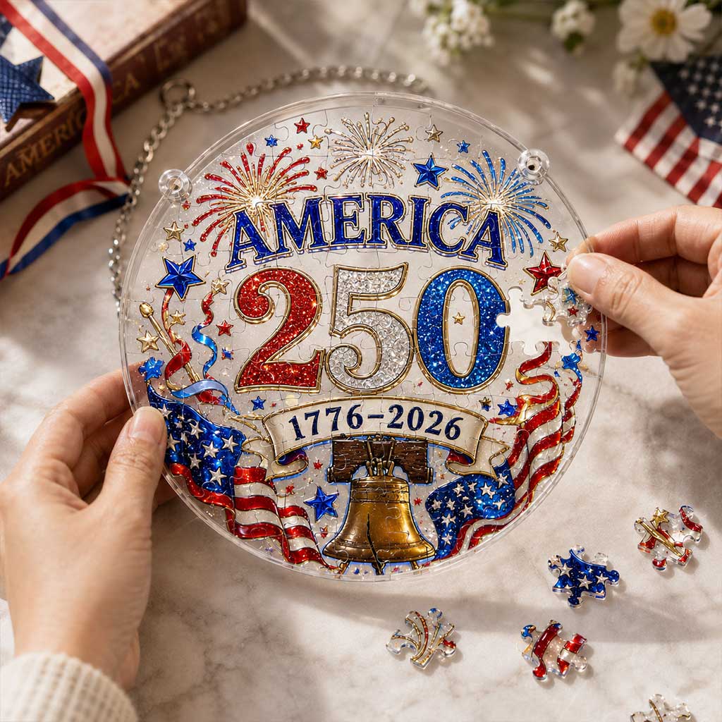 Amerika 250 Acryl-Puzzle-Sonnenfänger-Ornament – 1776–2026 Patriotische Hängende Fensterdekoration mit Feuerwerk
