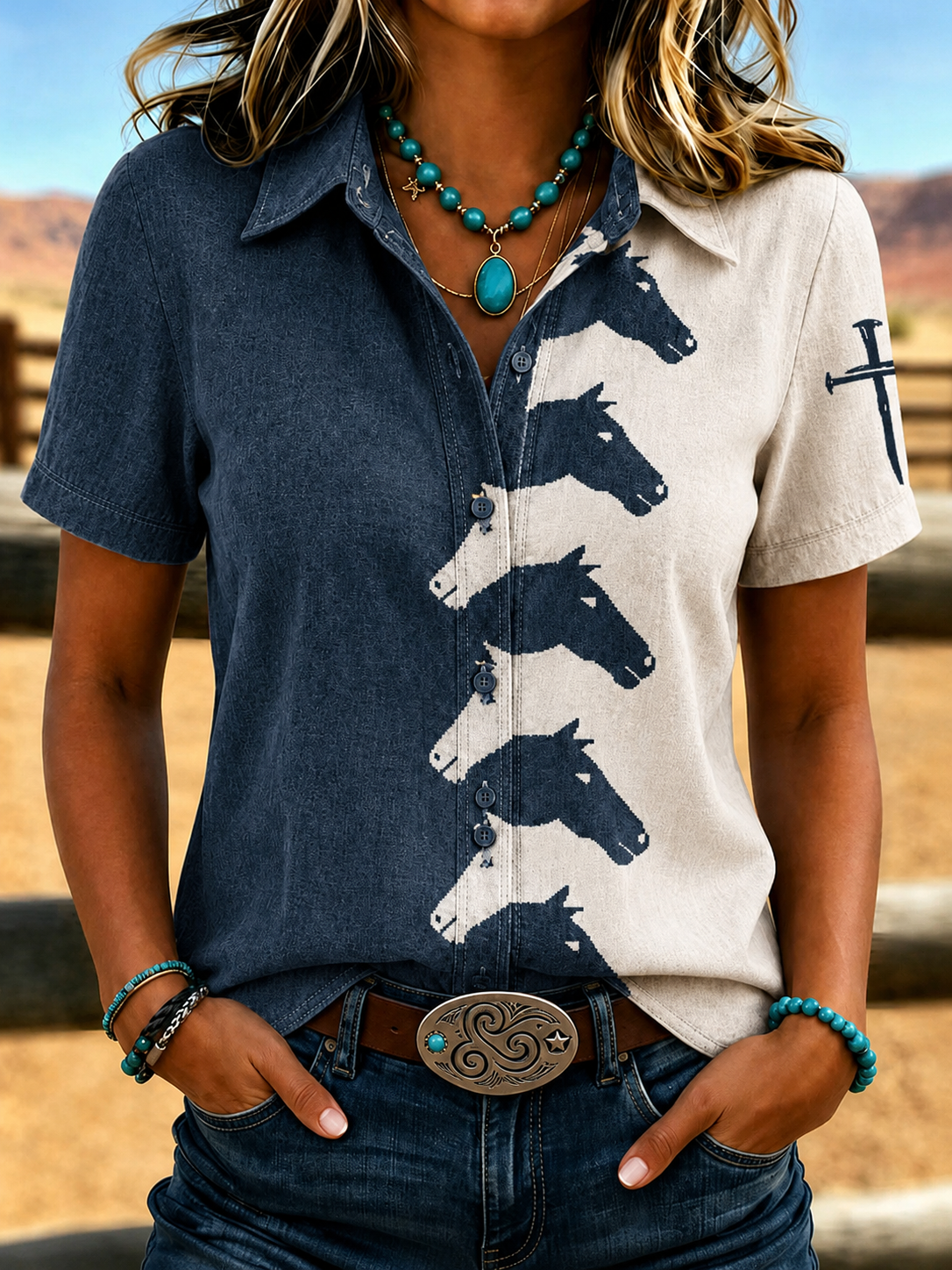 Women'S Retro Western Style Cross Short Sleeved Shirt