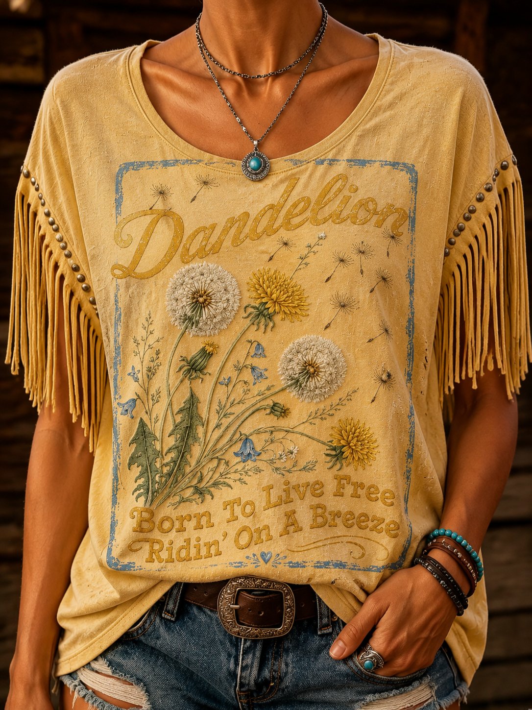 Damen Retro Country Musik Print Quasten Rundhals Oberteil (Nieten sind Teil des Prints)