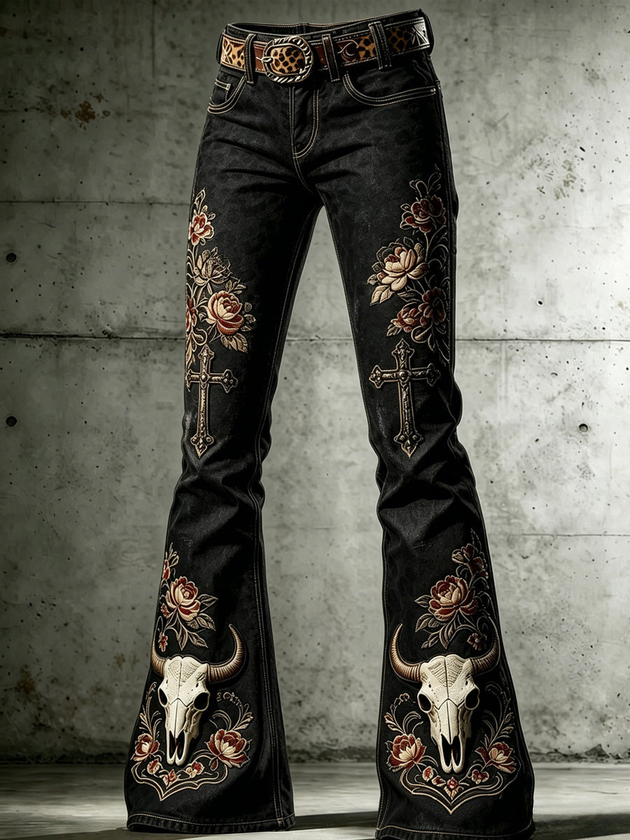Damen Retro Western Stil Kunstdruck Schlaghose