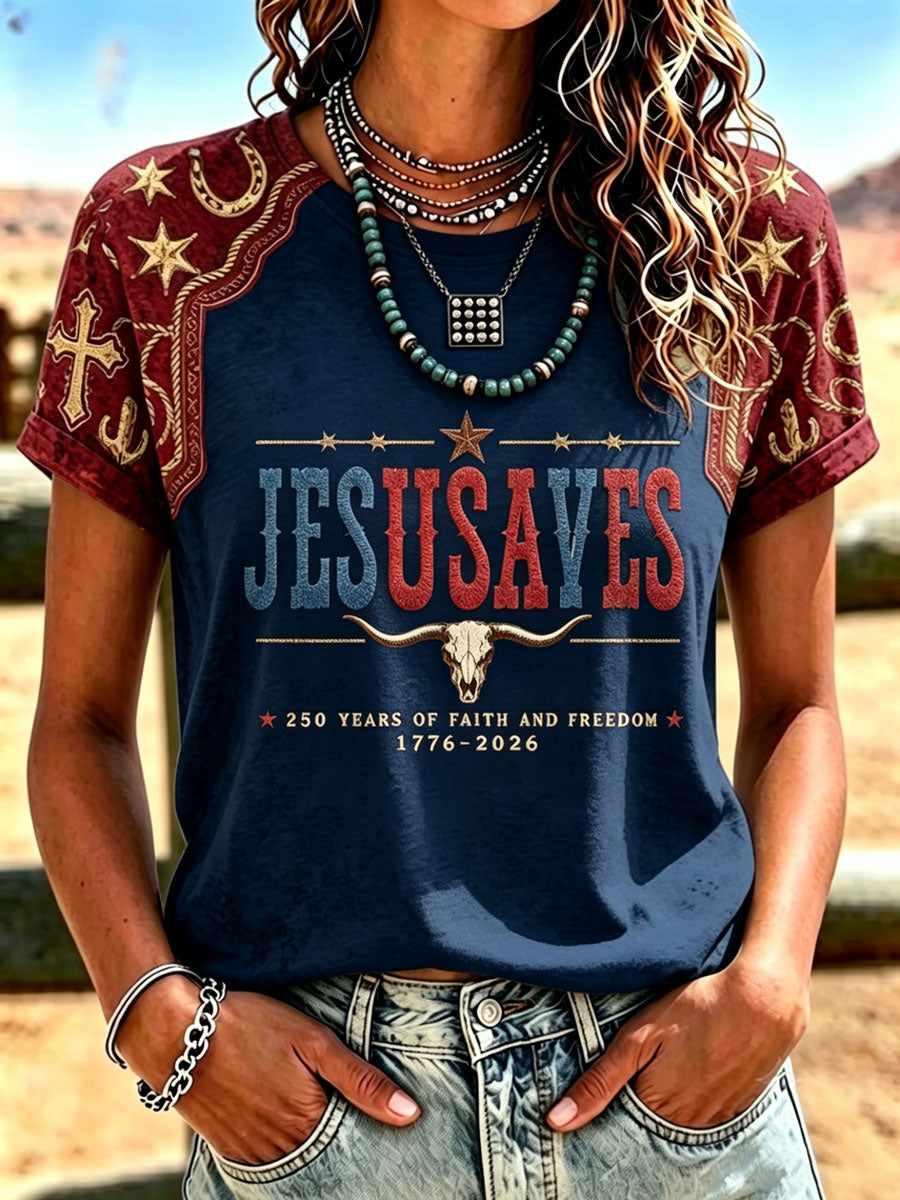 Women'S Western-Style Retro Faith Print  T-Shirt
