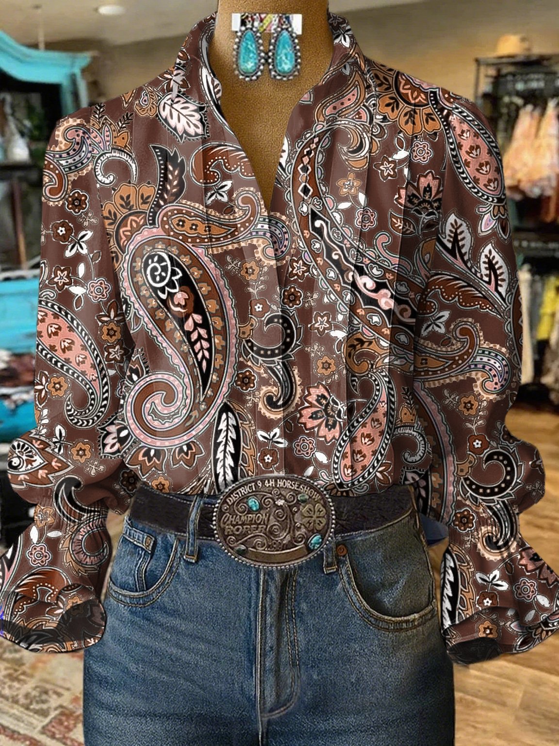 Chemise à motifs décontractée et manches bouffantes de style western pour femme