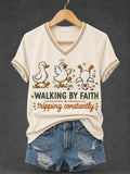Classic Walking By Faith Tripping Constantly Goose Print Christian Inspirational Short-Sleeved Shirt