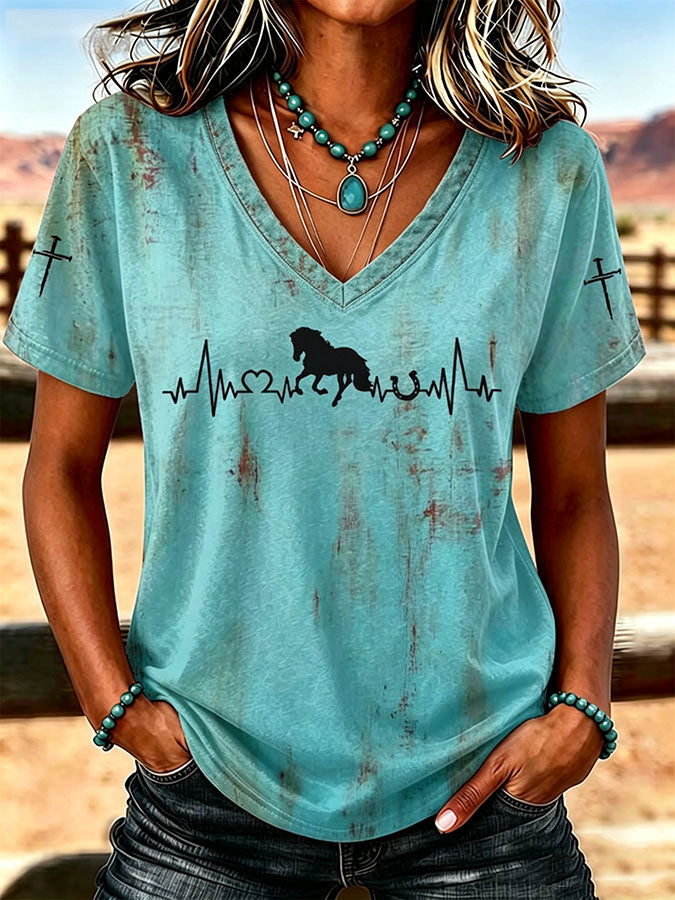 Damen T-Shirt mit V-Ausschnitt, Western-Glauben-Aufdruck