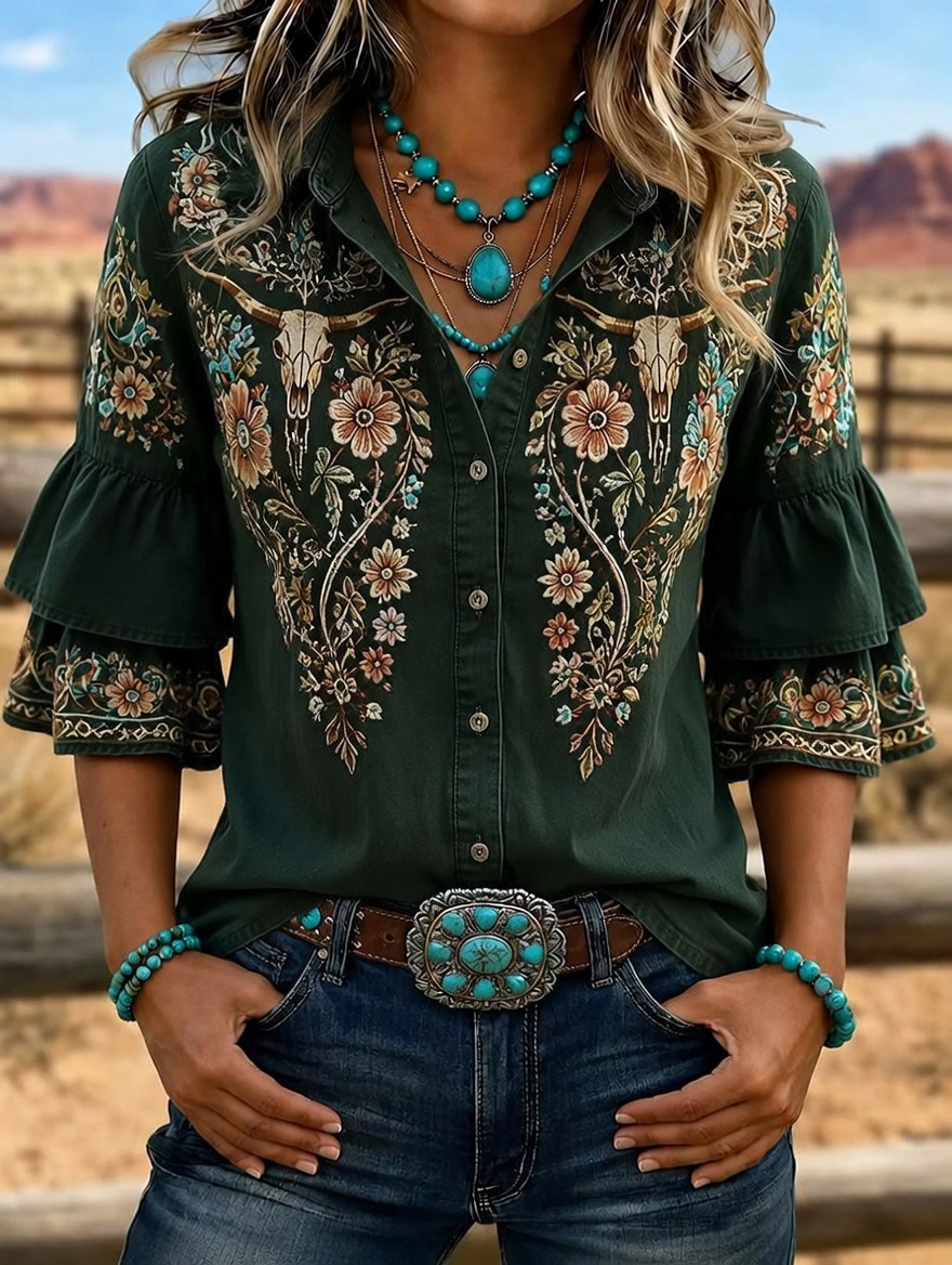 Chemise femme à manches volantées brodées tête de buffle Western