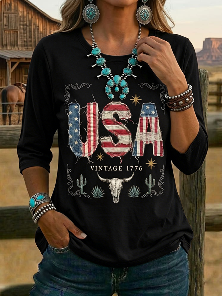 Women's Vintage USA Print Casual Half-sleeve Top