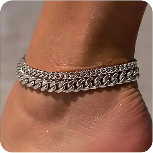 Wasserdichtes vergoldetes Cuban Link Fußkettchen-Set für Damen
