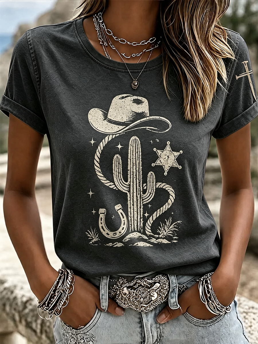 Damen Retro Cowboyhut Kaktus Stern Lasso Kreuz Ärmel Print T-Shirt