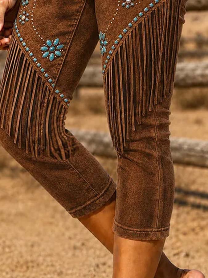 Damen Vintage Caprihose mit Quasten