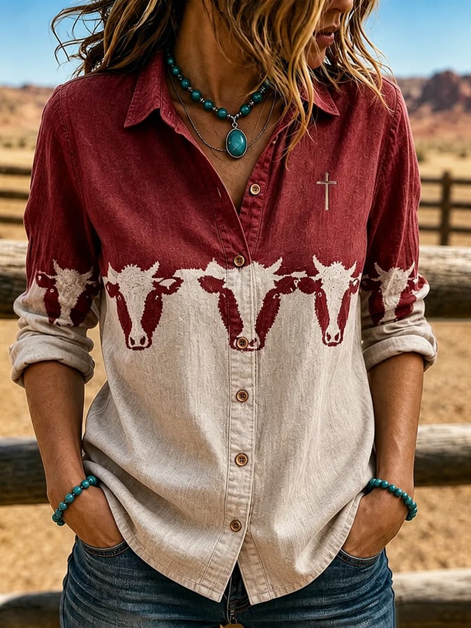 Women's Vintage-Style Western Print Shirt