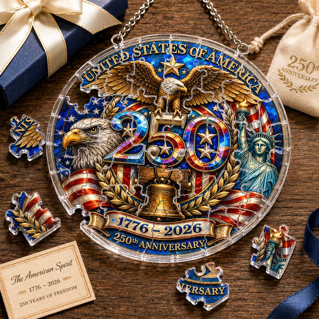 Ornement suspendu en acrylique – Puzzle pour le 250e anniversaire des États-Unis – Décoration de fenêtre patriotique avec aigle (1776-2026)