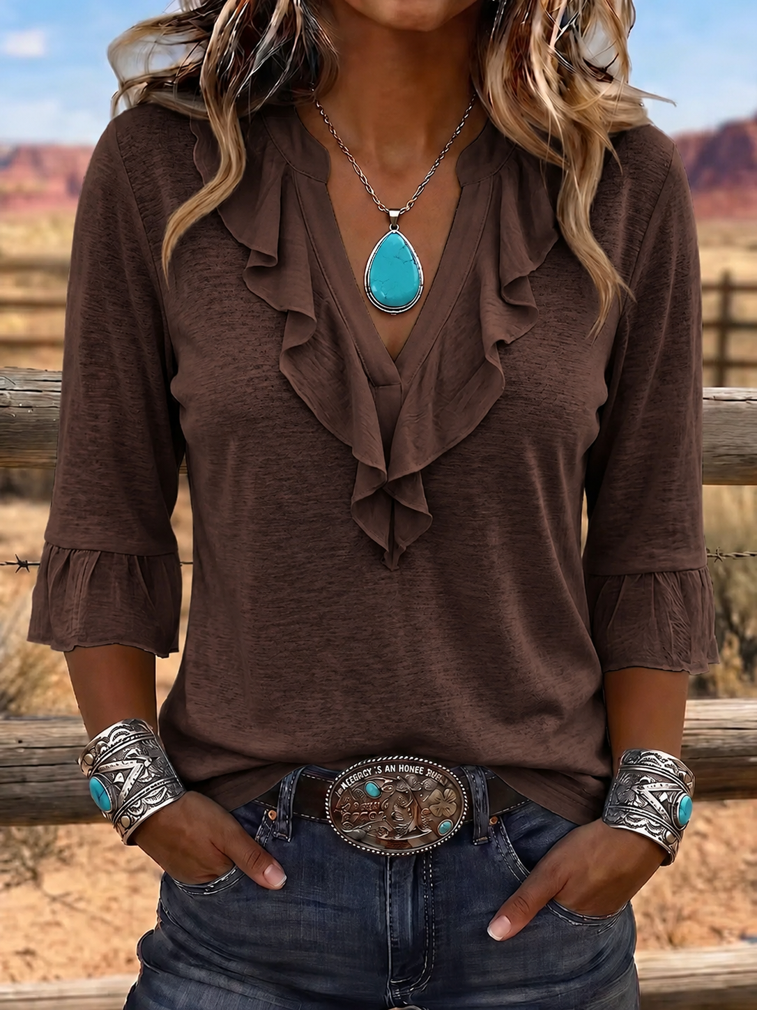 Haut décontracté pour femme, style western, encolure en V, volants, coton et lin