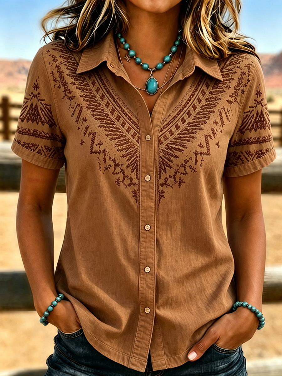 Women's Retro Western Style Printed Short Sleeved Shirt