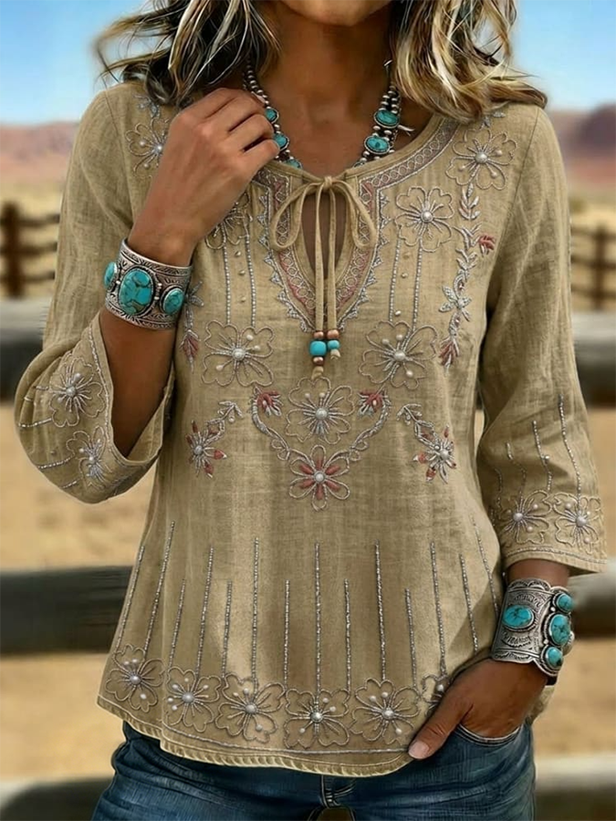 Women's Vintage Western Floral Print Slim Fit Top