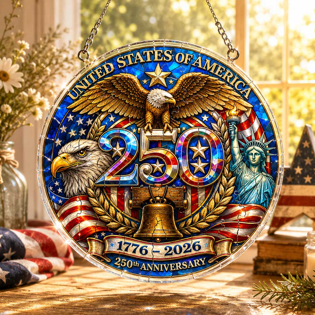 Ornement suspendu en acrylique – Puzzle pour le 250e anniversaire des États-Unis – Décoration de fenêtre patriotique avec aigle (1776-2026)