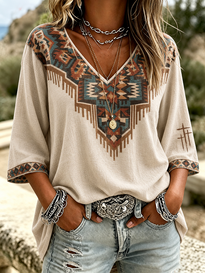 Damen Western-Stil Geometrisches Kreuz V-Ausschnitt Sieben Viertel Ärmel