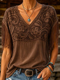Damen Retro Western Paisley Print Quasten V-Ausschnitt Oberteil