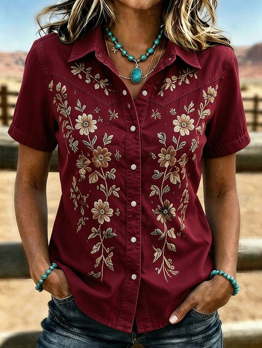 Women's Western Floral Embroidered Short Sleeve Shirt